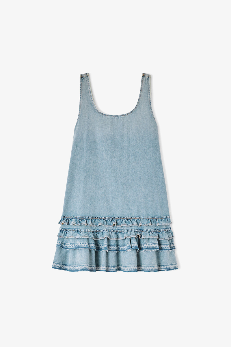 LIGHTWEIGHT DENIM FRILL MINI DRESS