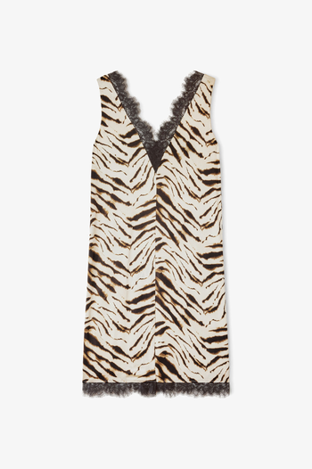 PRINTED STRETCH SATIN V-NECK MIDI DRESS