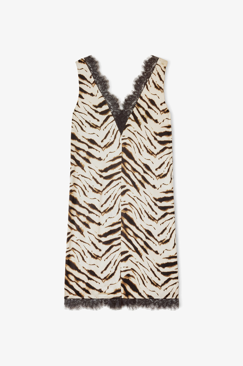 PRINTED STRETCH SATIN V-NECK MIDI DRESS