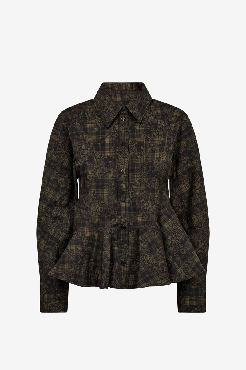 PRINTED STRETCH COTTON PEPLUM SHIRT