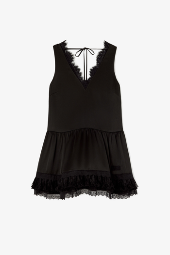 FLUID SATIN V-NECK LACE MINI DRESS