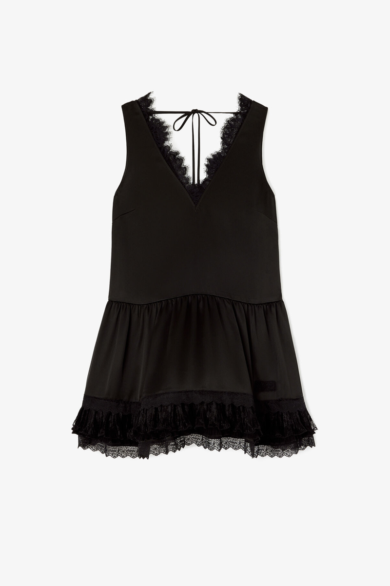 FLUID SATIN V-NECK LACE MINI DRESS