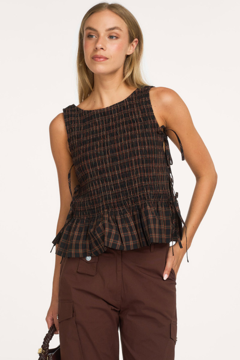 YARN DYED CHECK SMOCKED TIE STRING TOP 34