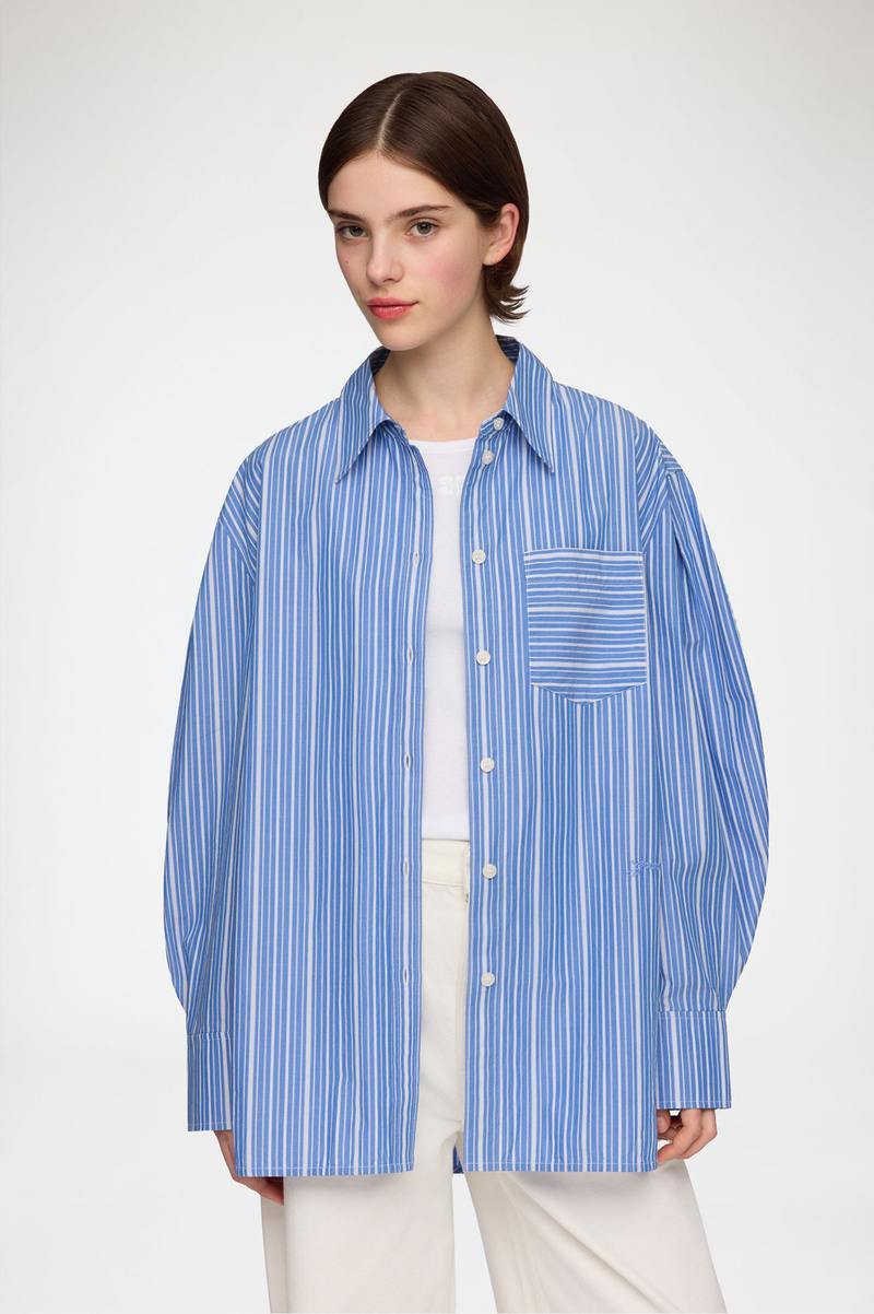 STRIPE COTTON PLEATED SLEEVE SHIRT