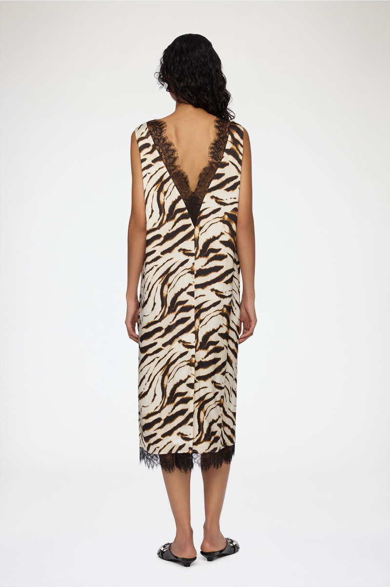 PRINTED STRETCH SATIN V-NECK MIDI DRESS