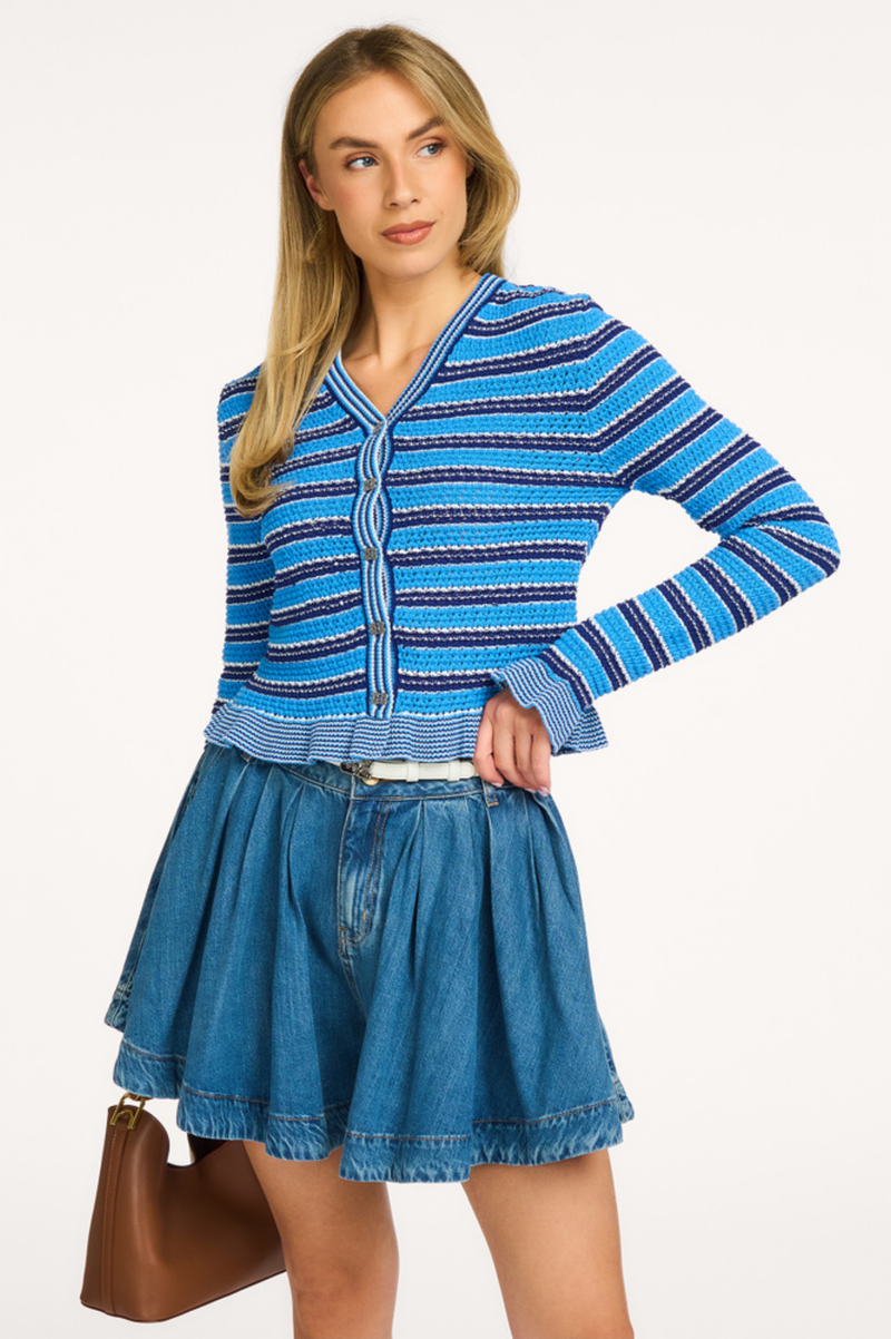 COTTON POINTELLE STRIPE CARDIGAN