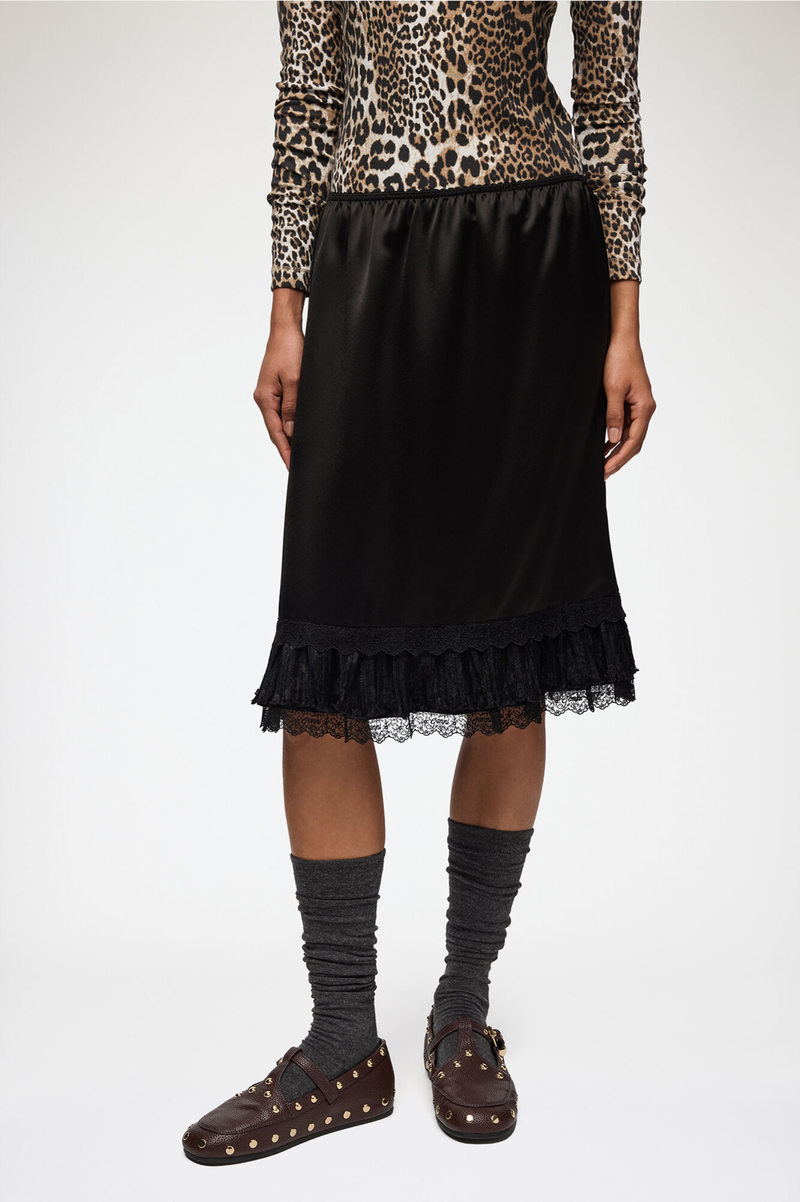 FLUID SATIN KNEE LENGTH FRILL SKIRT