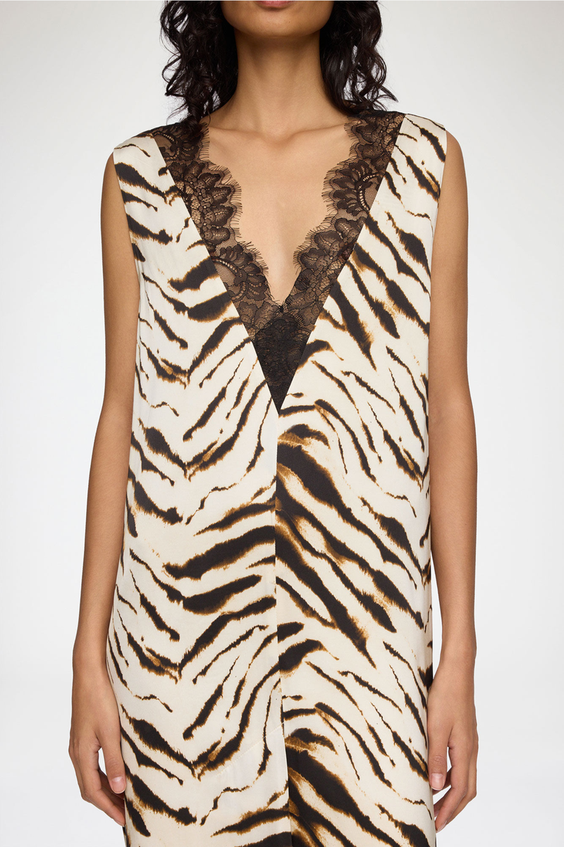 PRINTED STRETCH SATIN V-NECK MIDI DRESS