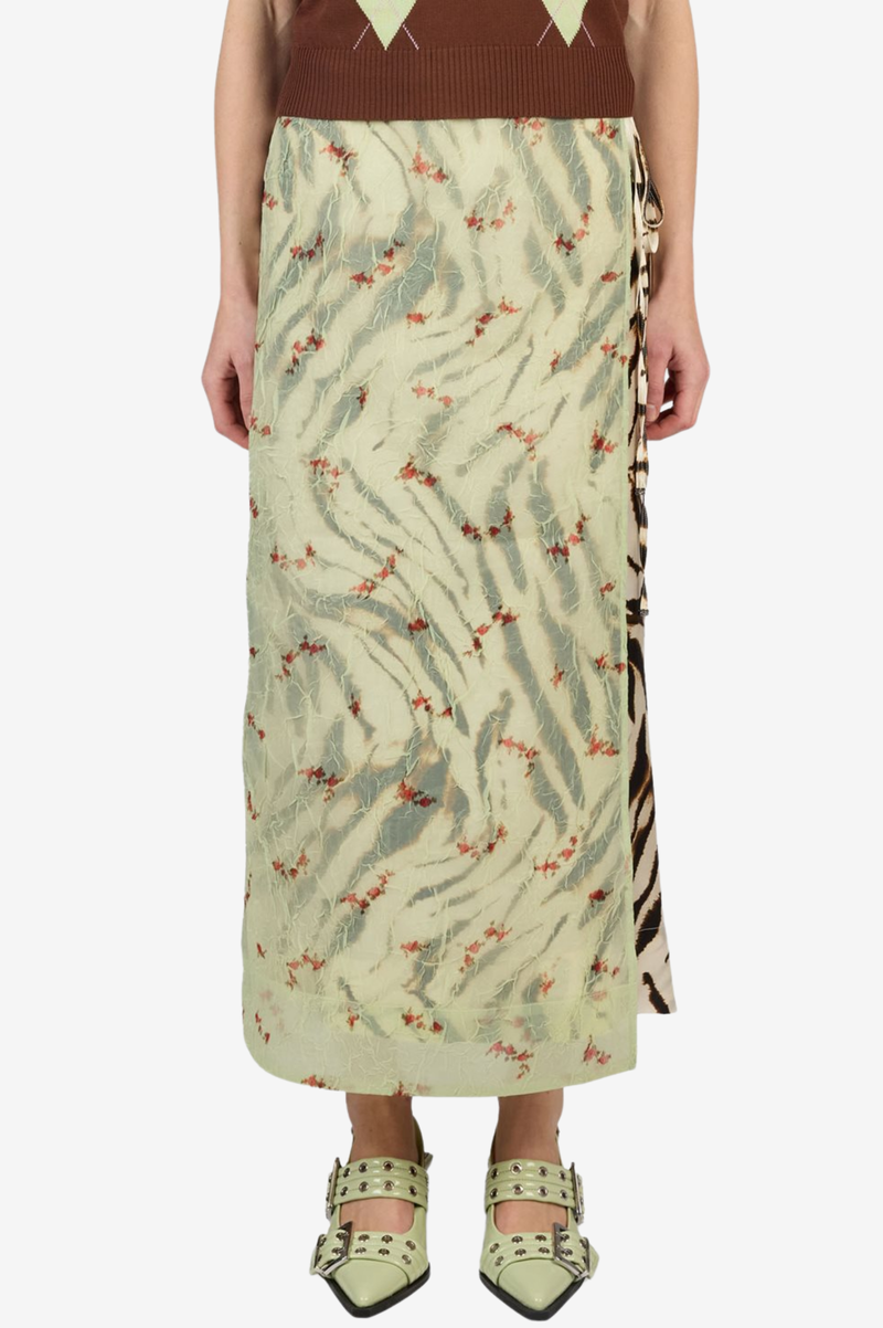 SHIBORI ORGANZA/PRINTED STRETCH SATIN SKIRT