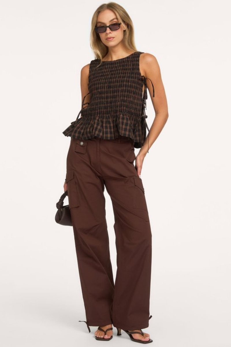 YARN DYED CHECK SMOCKED TIE STRING TOP 34