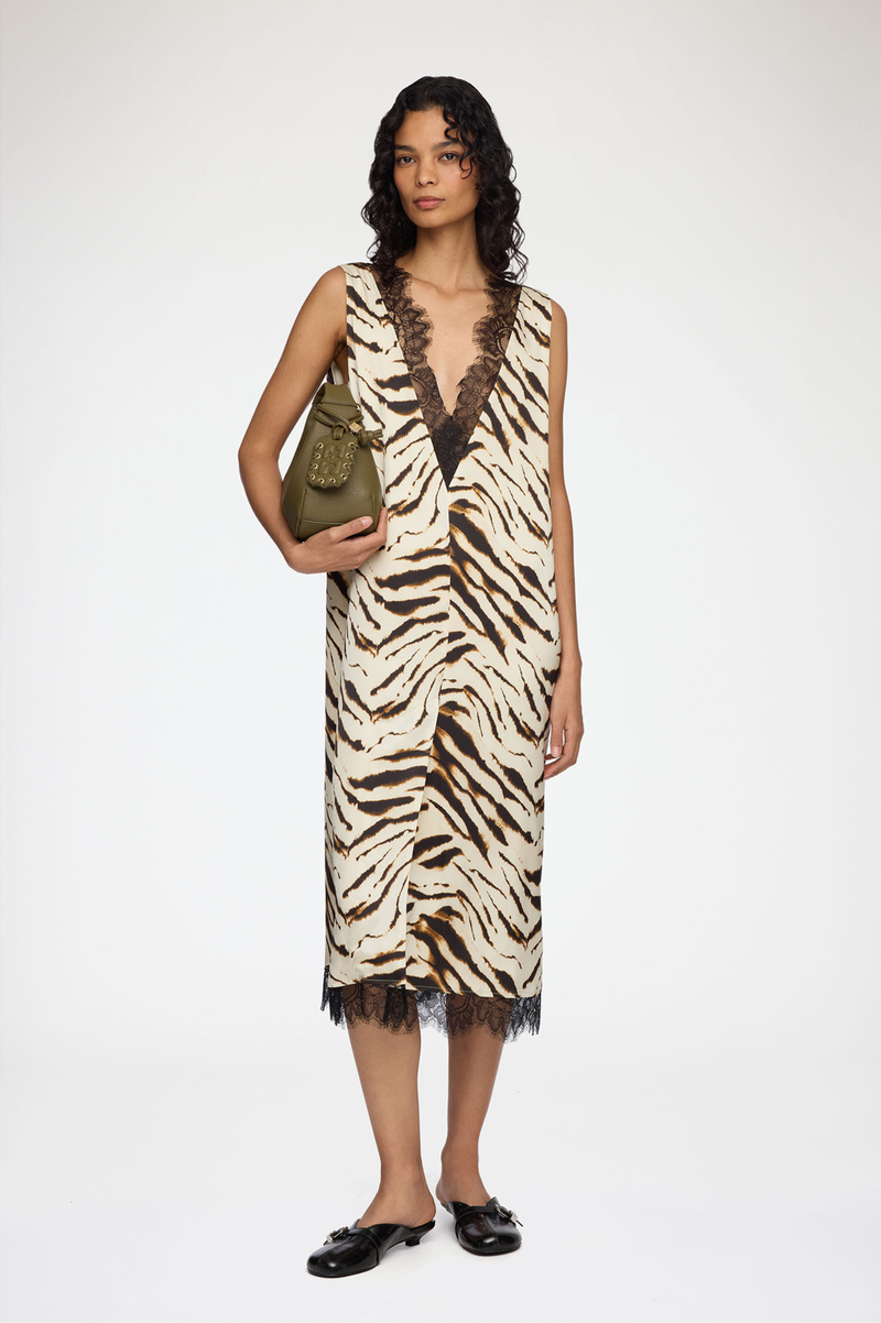 PRINTED STRETCH SATIN V-NECK MIDI DRESS
