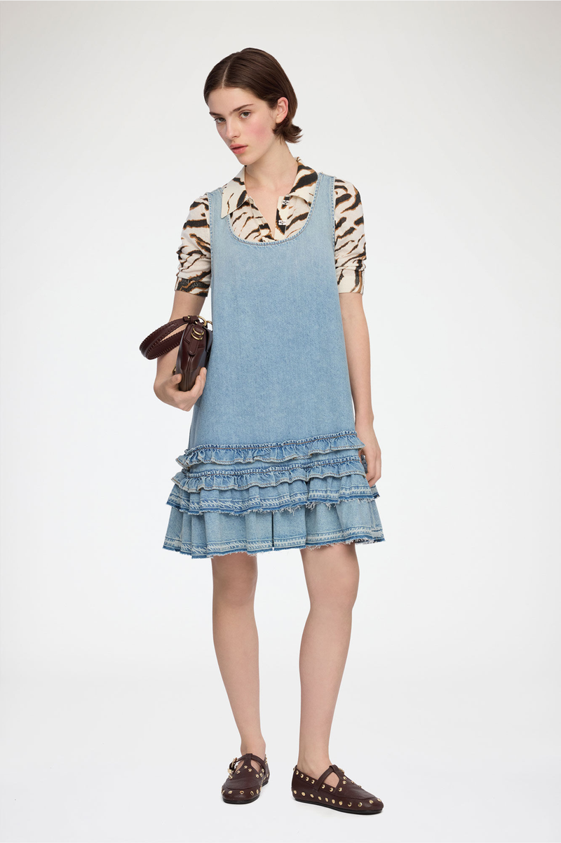 LIGHTWEIGHT DENIM FRILL MINI DRESS