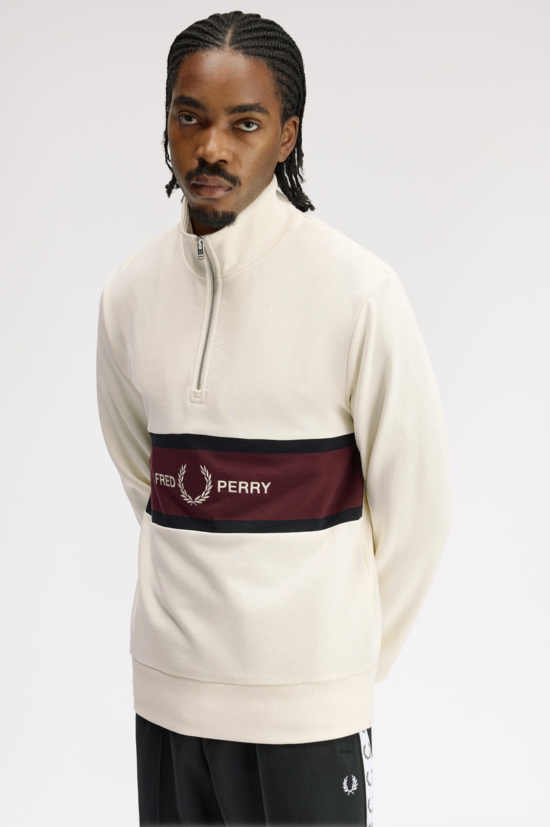 EMBROIDERED PANEL HALF ZIP SWEATER