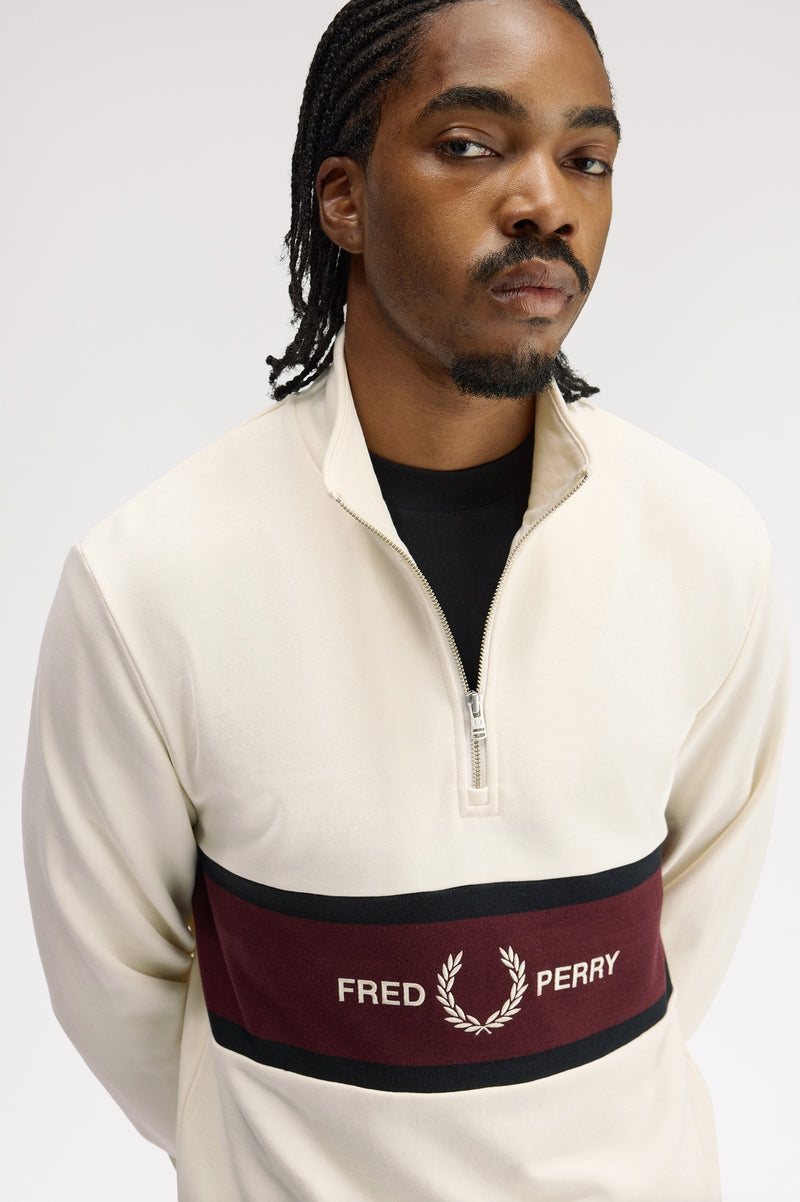 EMBROIDERED PANEL HALF ZIP SWEATER