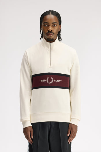 EMBROIDERED PANEL HALF ZIP SWEATER