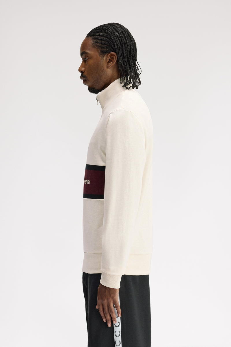 EMBROIDERED PANEL HALF ZIP SWEATER